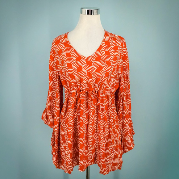 Escapada Beach Size Medium M Orange Print Scoop V Neck Bell Sleeve Swim Cover Up - Picture 1 of 6
